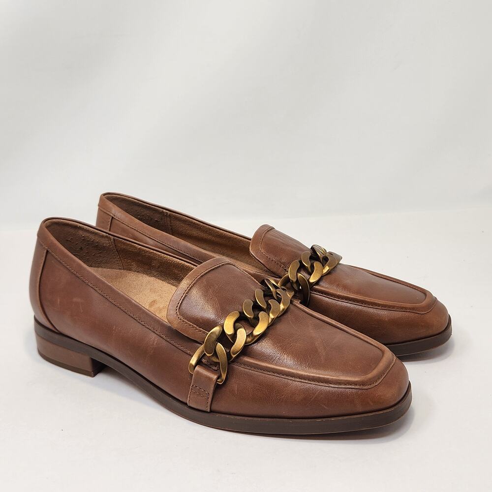 Vionic Mizelle Brown Leather Loafers Women Size 9.5 Slip On Flats Comfort Chain